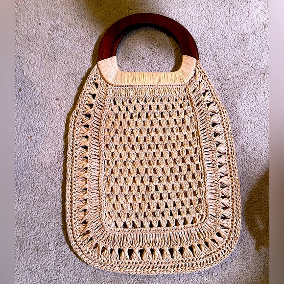 Vintage 1970s macrame straw and wood bag boho groceries - Picture 2 of 6